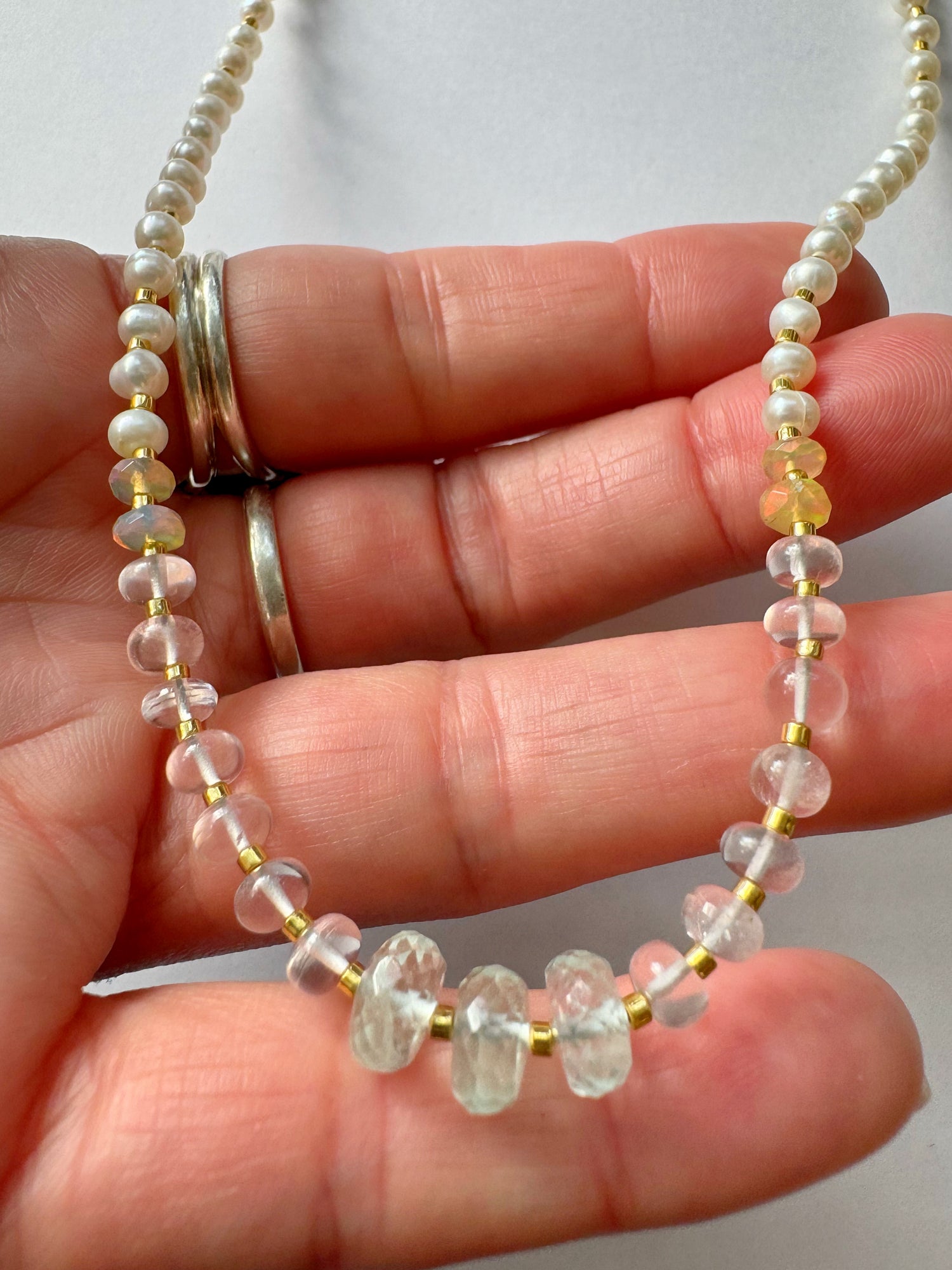 Aquamarine + Rose Quartz + Ethiopian Opal +Pearl Handmade Necklace - Moon Room Shop and Wellness