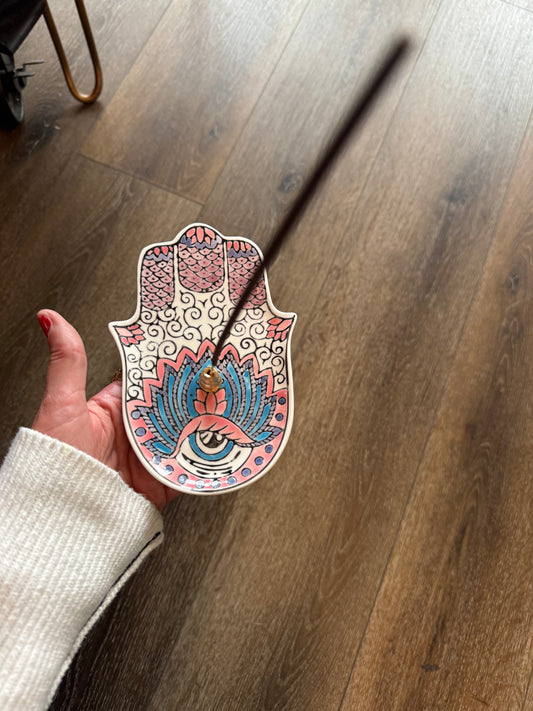 Hamsa Ceramic Dish/ Brass Incense Holder - Moon Room Shop and Wellness