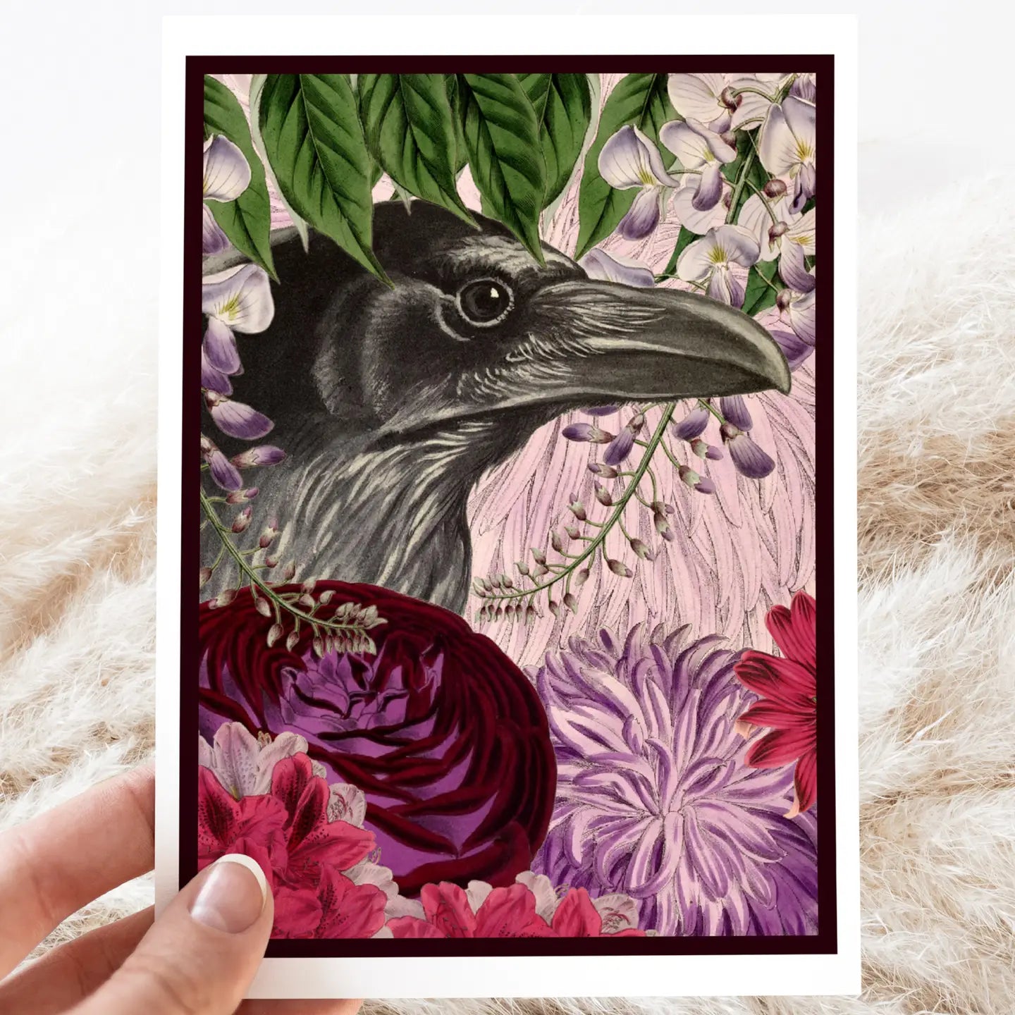 Vintage Raven with Purple Flowers Card- Blank Inside - Moon Room Shop and Wellness