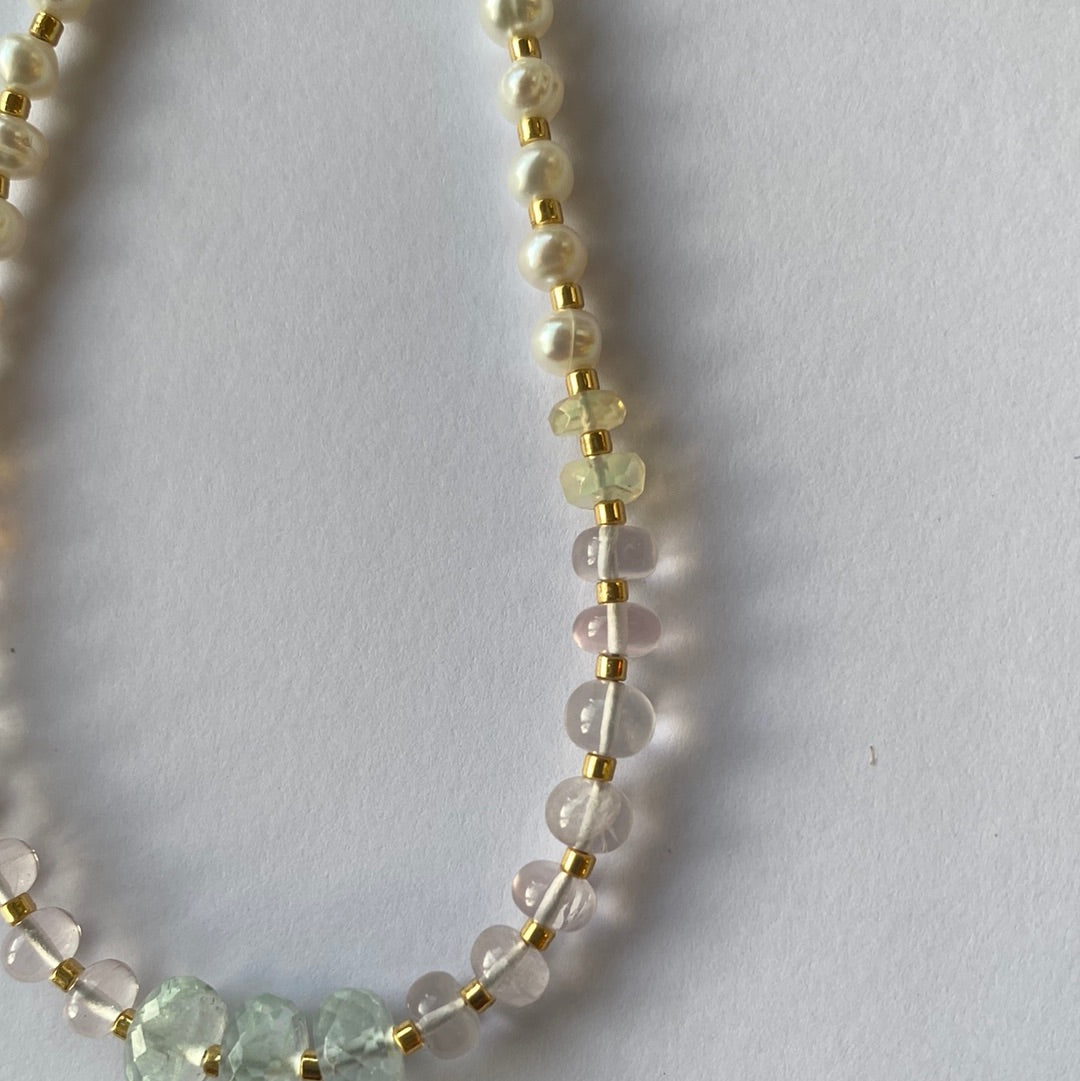 Aquamarine + Rose Quartz + Ethiopian Opal +Pearl Handmade Necklace - Moon Room Shop and Wellness