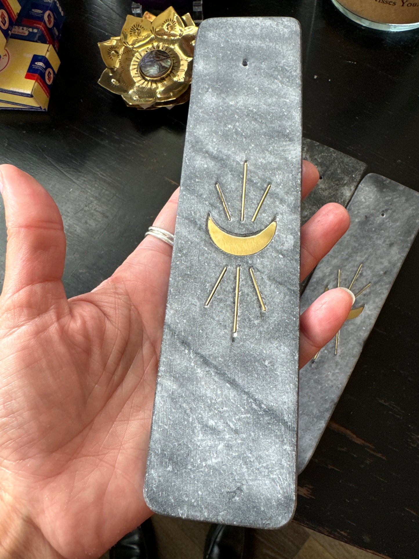 Indukala Moon Phase Incense Holder - Black Carved Marble - Moon Room Shop and Wellness