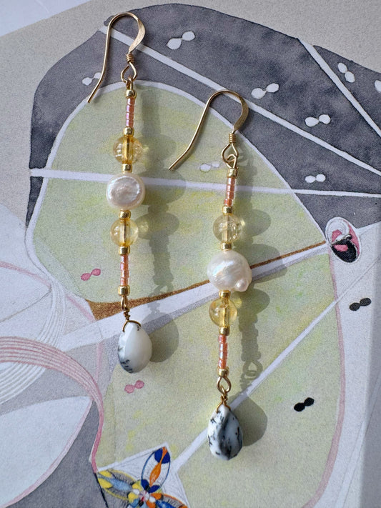 Dendritic Agate Citrine Pearl Handmade Earrings - Moon Room Shop and Wellness