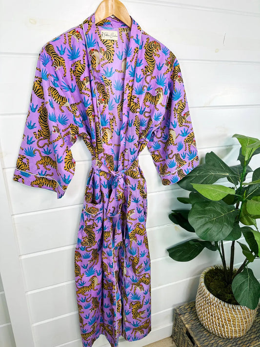 Women's Cotton Robe /Kimono  Tiger Print Lilac - Moon Room Shop and Wellness