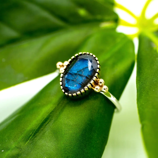Labradorite Sterling Silver + Brass Accents Ring Sizes 7,8,9