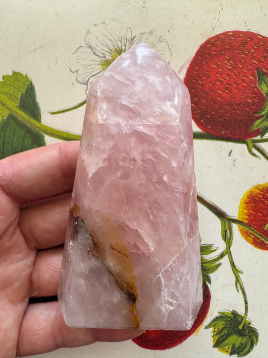 Rose Quartz w/ Golden Healer Tower 174 g - Moon Room Shop and Wellness