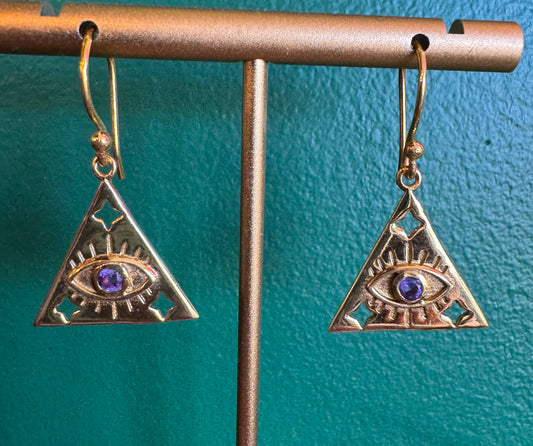 Amethyst All-Seeing Eye Earring in Brass - Moon Room Shop and Wellness