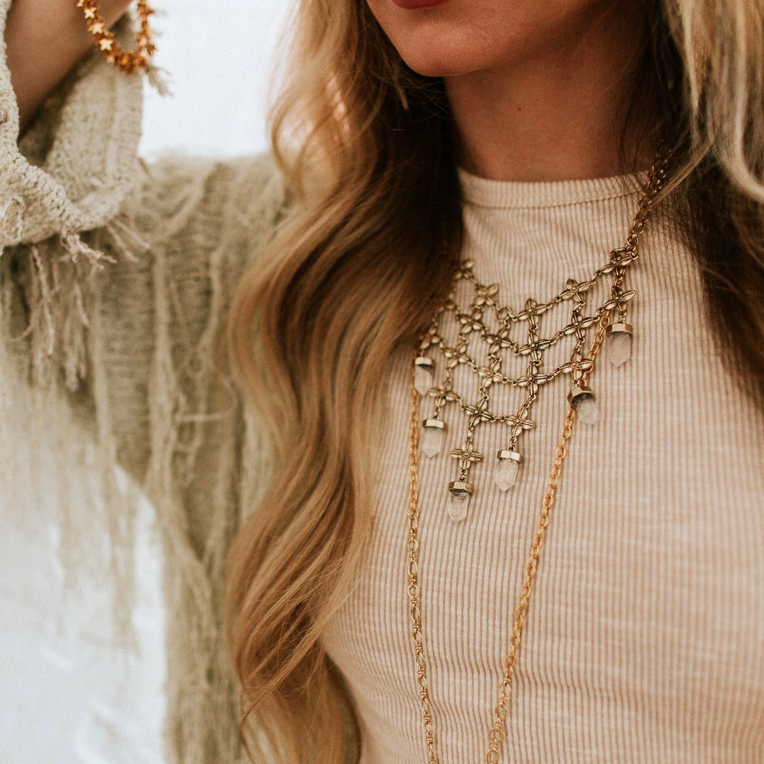 Shine On Crystal Bib Necklace | Gold Plated Antique Finish - Moon Room Shop and Wellness
