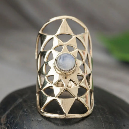 Geometric Moonstone Shield Brass Ring  Sizes 7,8,9