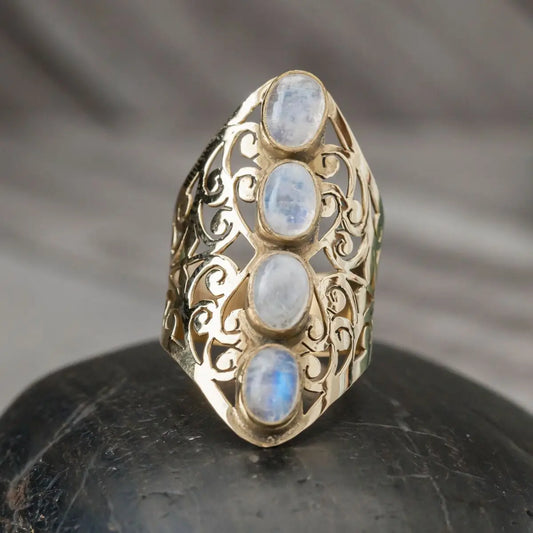 Filigree Brass Ring with 4 Moonstones Sizes 8,9