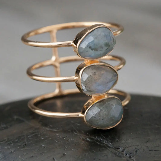 Labradorite Bar Ring Gold Plated Sizes 6,7,9