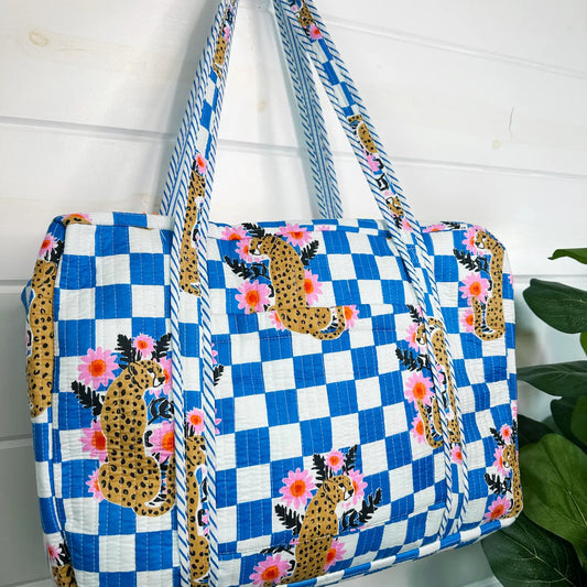 Quilted Duffle Bag | Weekender Travel Bag | Jaguar Print Blue - Moon Room Shop and Wellness