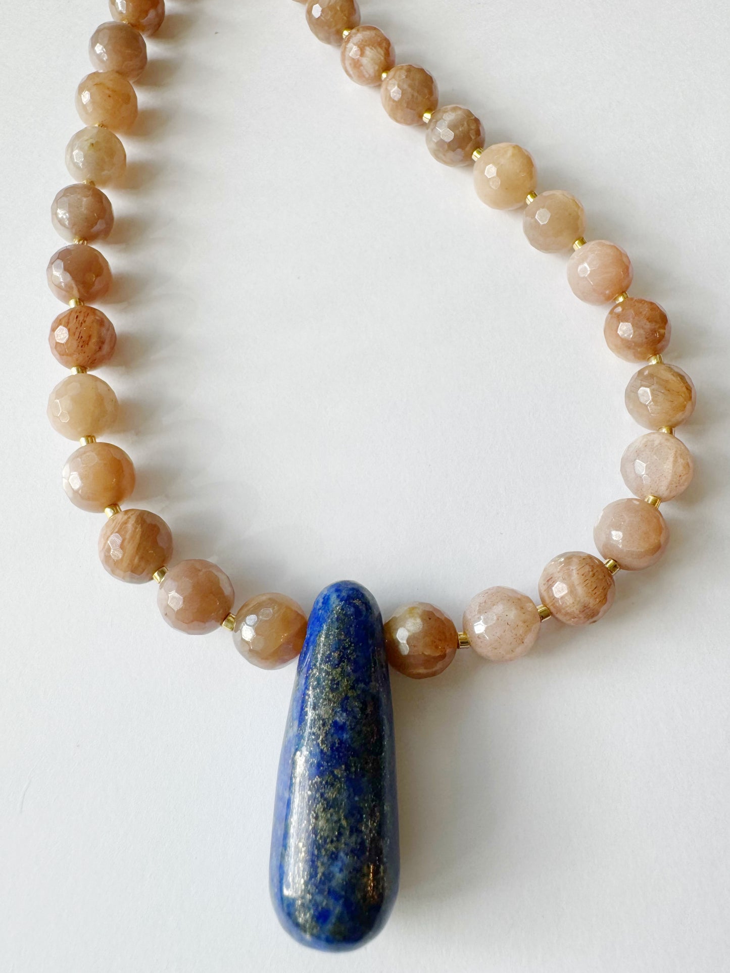 Handmade Peach Moonstone + Lapis Gemstone Necklace - Moon Room Shop and Wellness