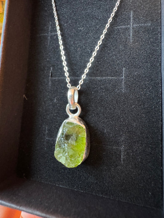 Peridot Raw Sterling Silver Necklace 20 " Chain - Moon Room Shop and Wellness