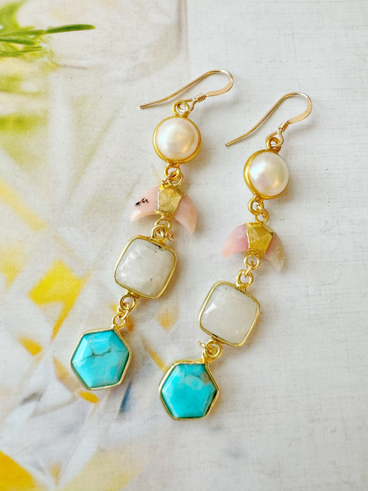 Pearl Pink Opal Moon Moonstone Turquoise Gold Fill Earrings - Moon Room Shop and Wellness