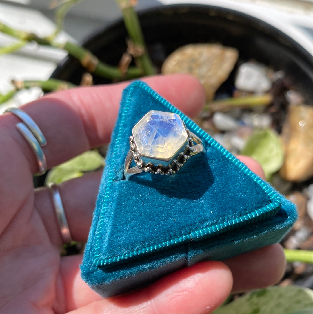Rainbow Moonstone Sterling Silver Hexagon Ring Size 7.5 - Moon Room Shop and Wellness