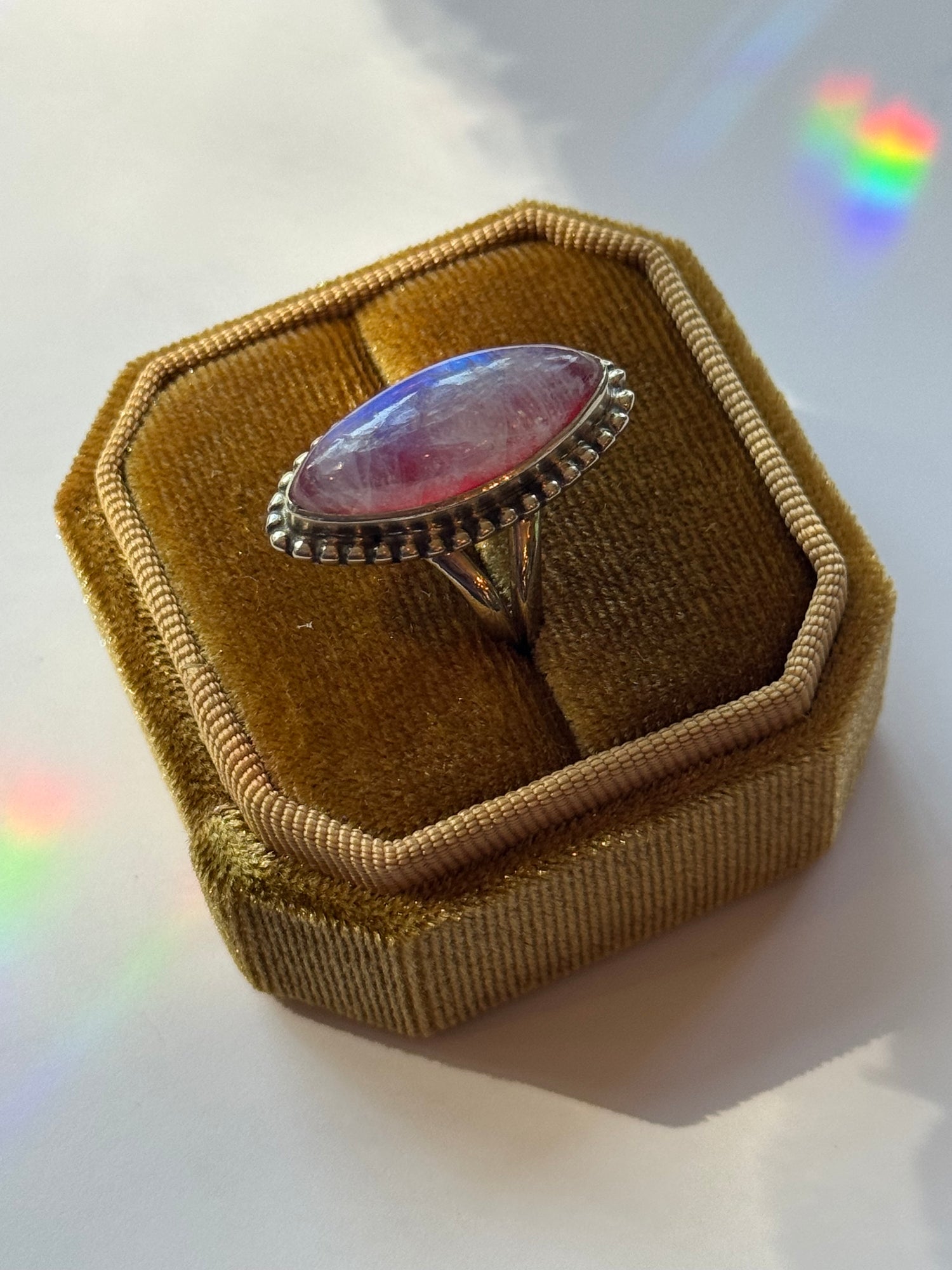 Pink Rainbow Moonstone 925 Sterling Silver Ring Size 8.25 - Moon Room Shop and Wellness