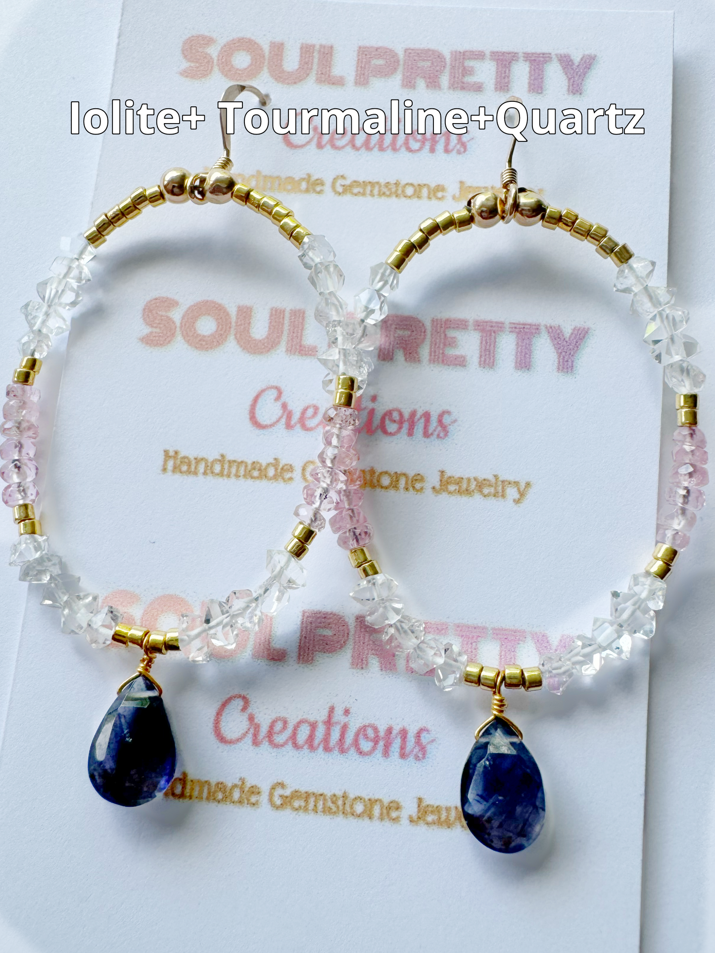 iolite + pink tourmaline + quartz handmade gold fill earrings - Moon Room Shop and Wellness