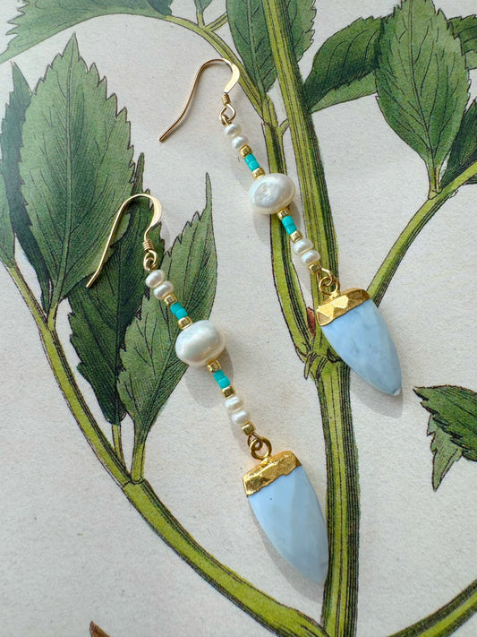 Blue Owyhee Opal Points and Pearl Handmade Earrings - Moon Room Shop and Wellness