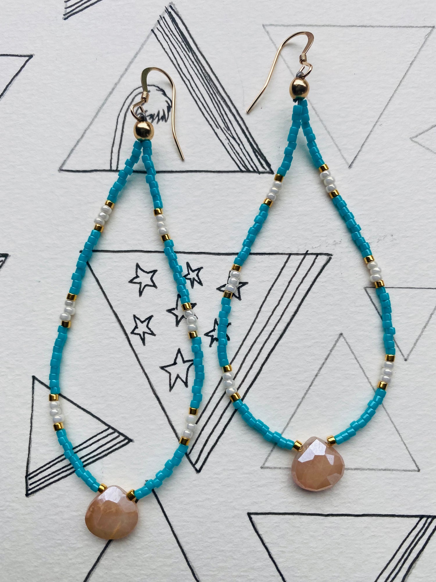 Peach Moonstone + Seed Bead Teardrop Handmade Earrings - Moon Room Shop and Wellness