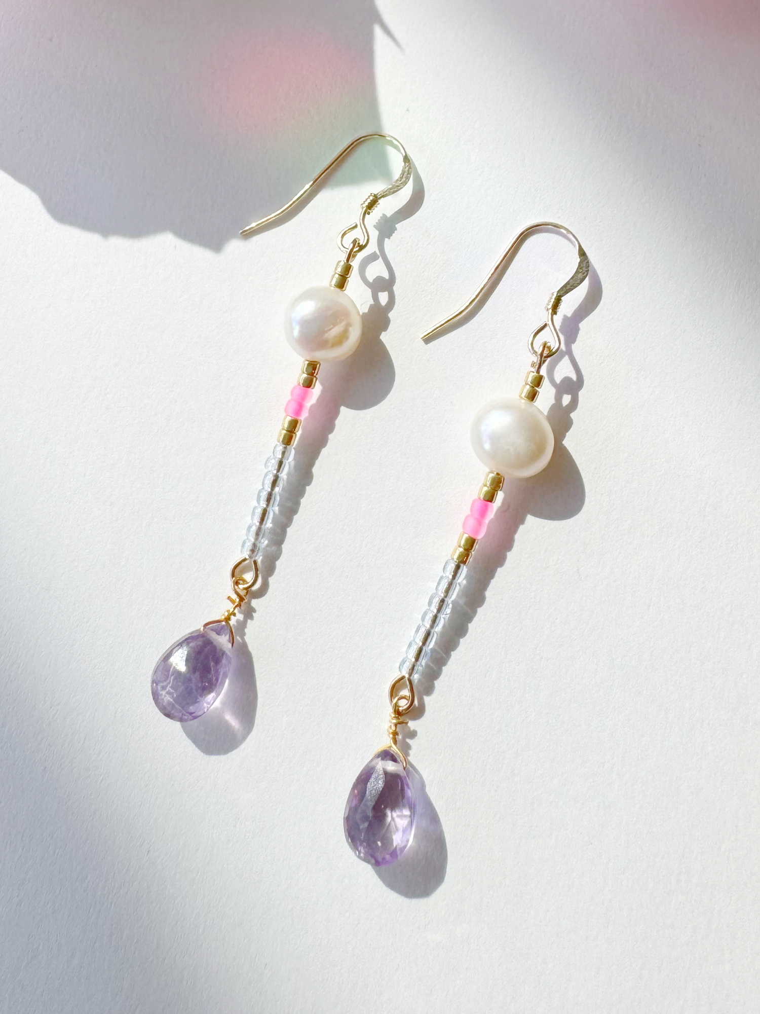 Amethyst + Pearl + Seed Bead Handmade Gold Fill Drop Gemstone Earrings - Moon Room Shop and Wellness