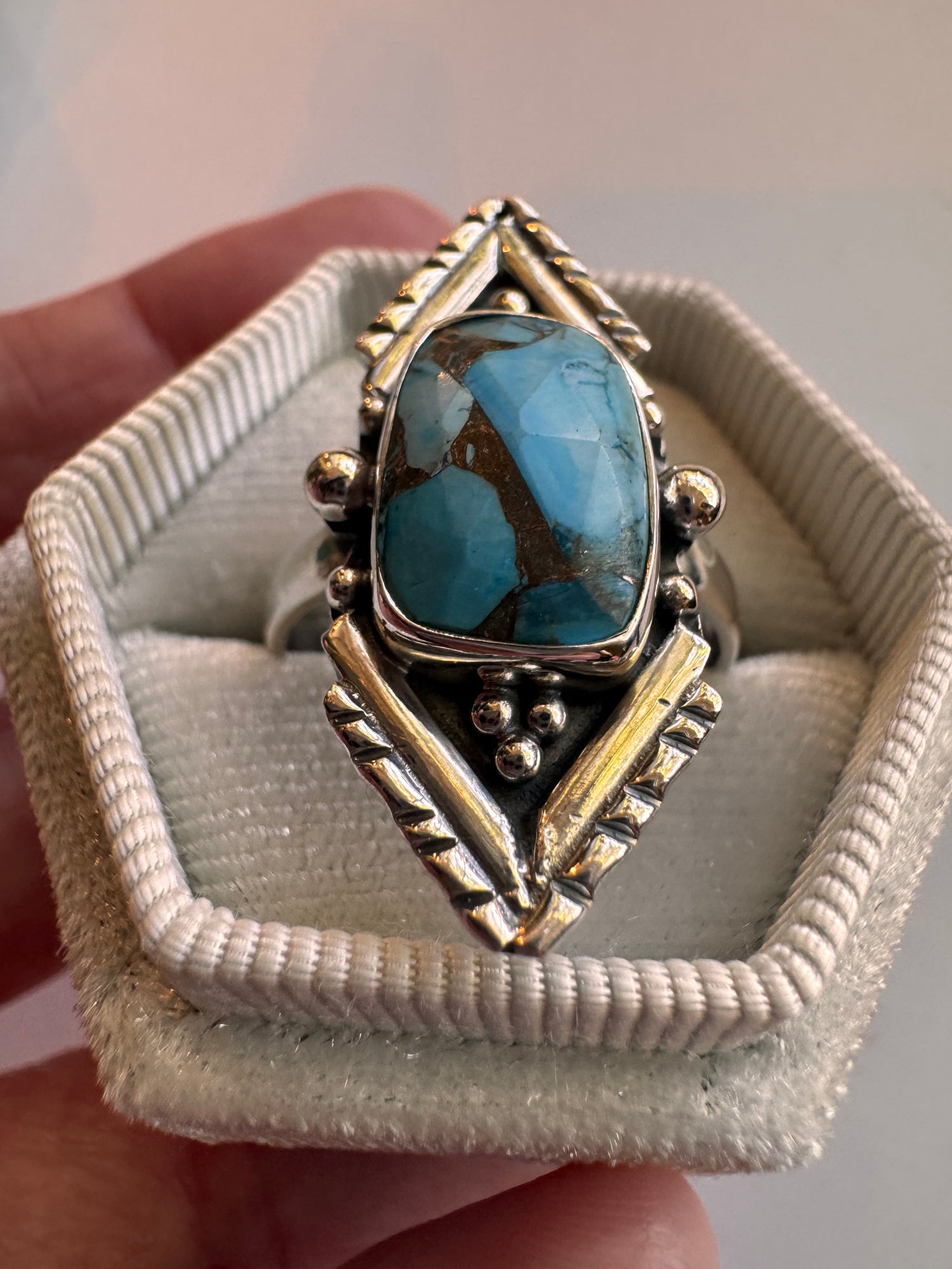 Copper Turquoise Decorated Point Sterling Silver Ring Sizes 7,8,9,10 - Moon Room Shop and Wellness