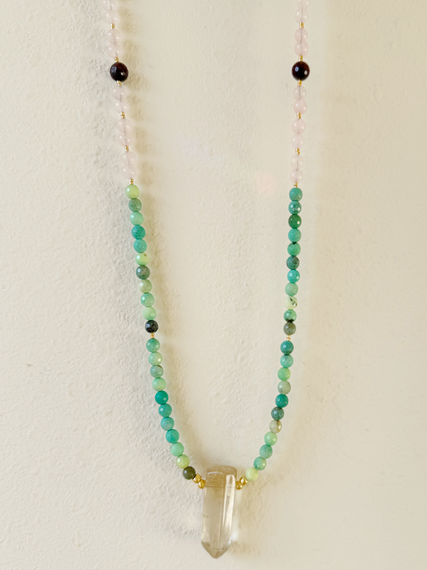 Citrine Point with Chrysoprase +Rose Quartz + Garnet Beaded Long Necklace - Moon Room Shop and Wellness