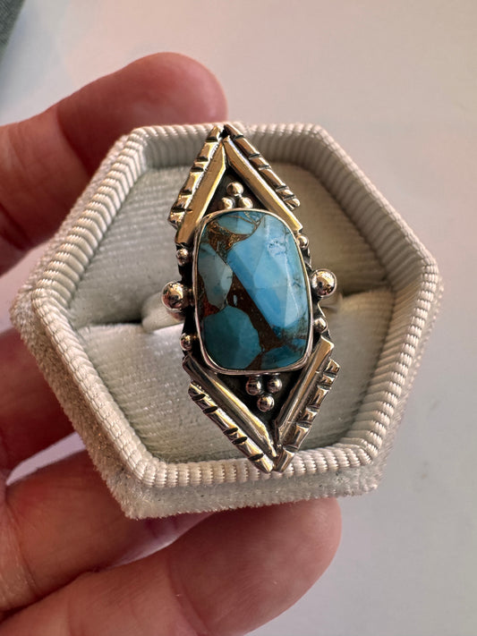 Copper Turquoise Decorated Point Sterling Silver Ring Sizes 7,8,9,10