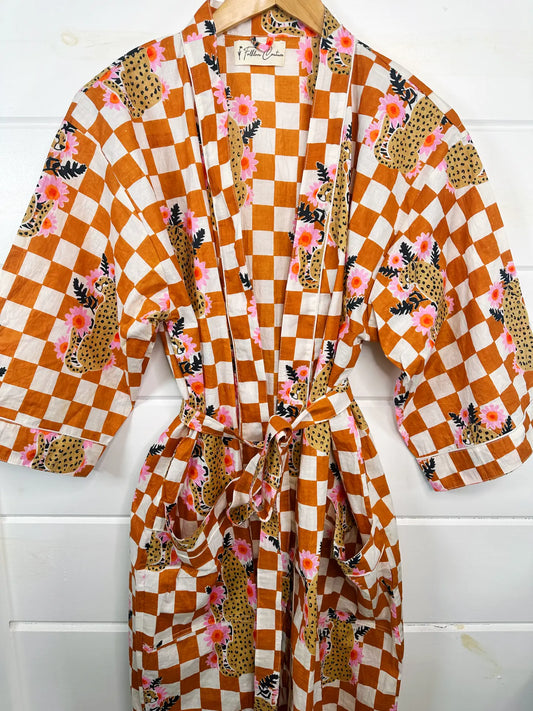 Women's Cotton Robe/ Kimono Checkered Print Jaguar Gold - Moon Room Shop and Wellness