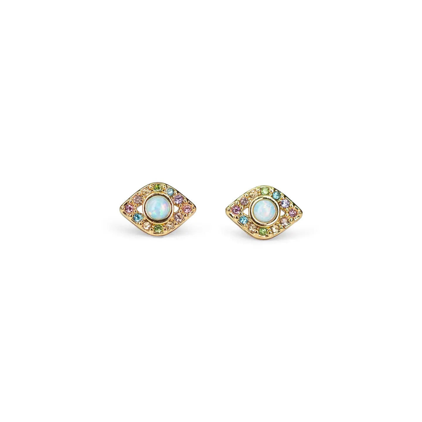 Evil Eye Stud Earrings, Opal & Pastel Pave-12 k Gold Plated Titanium