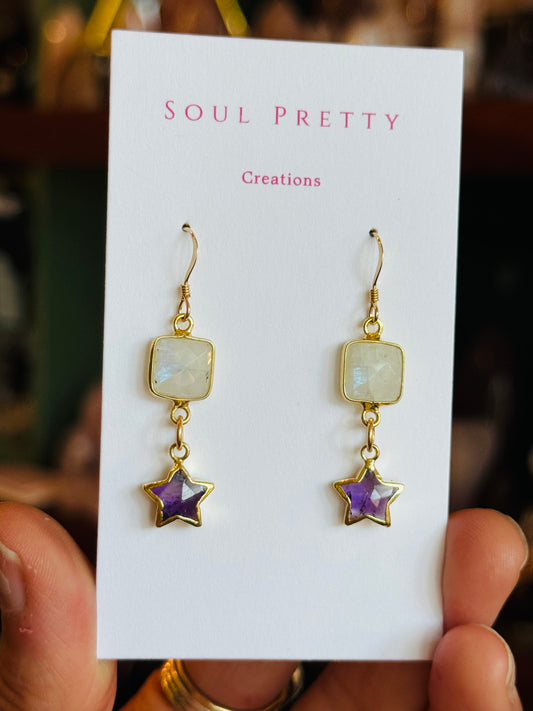 Soul Pretty Moonstone + Amethyst Star Gold Fill Earrings - Moon Room Shop and Wellness