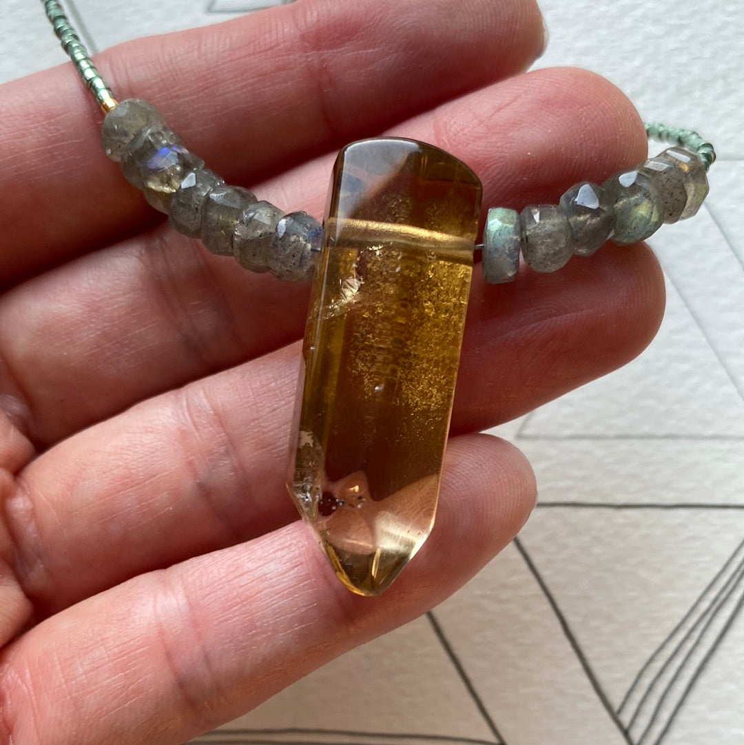 Citrine Point + Labradorite Seed Bead Gemstone Handmade Necklace Gold Fill - Moon Room Shop and Wellness