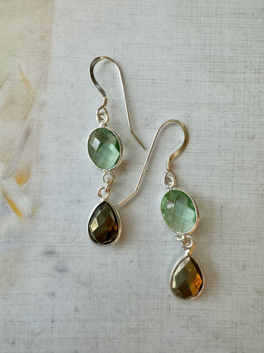 Pyrite and Green Quartz Sterling Silver Earrings - Moon Room Shop and Wellness