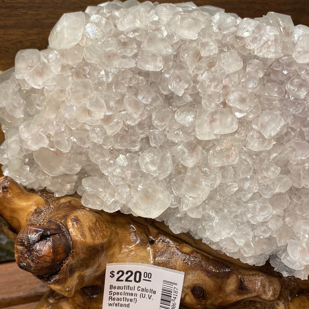 Beautuful Calcite Specimen (U.V. Reactive!) with Wood Stand - Moon Room Shop and Wellness