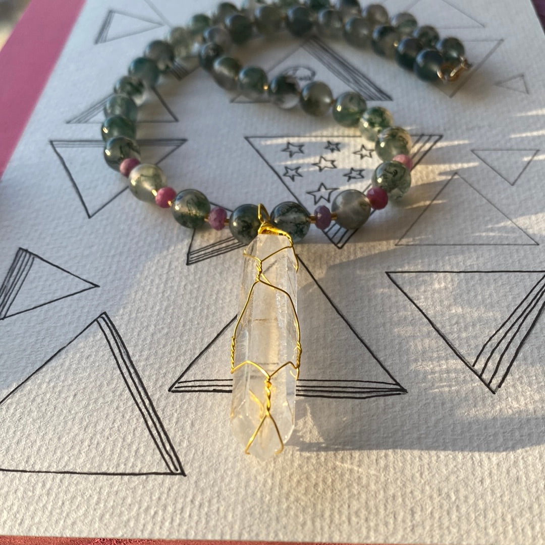 Quartz +Moss Agate + Ruby One of a Kind Necklace - Moon Room Shop and Wellness