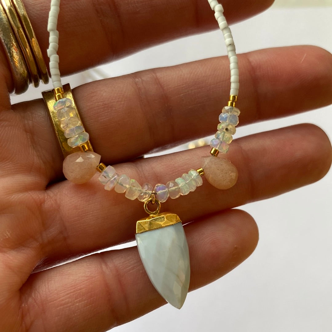 Blue Opal Pendant w/ Ethiopian Opal + Peach Moonstone Handmade Necklace - Moon Room Shop and Wellness