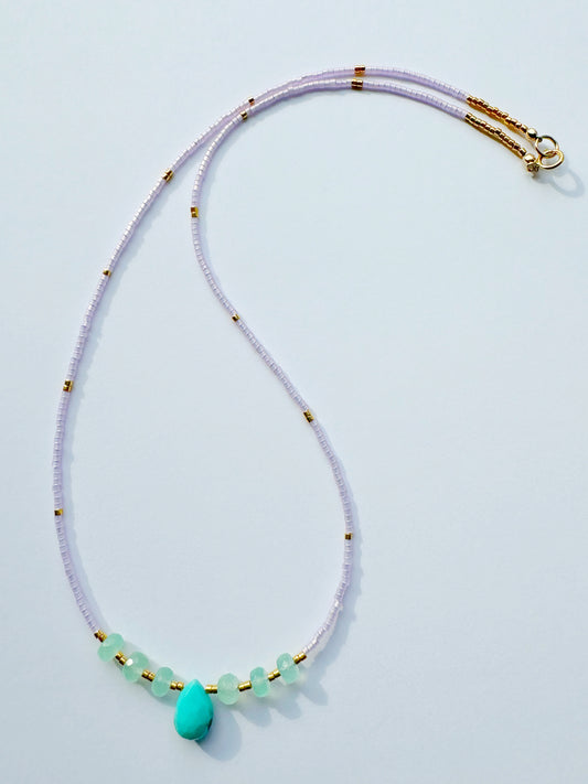 Turquoise And Chalcedony Seed Bead Handmade Necklace Gold Fill 18” - Moon Room Shop and Wellness