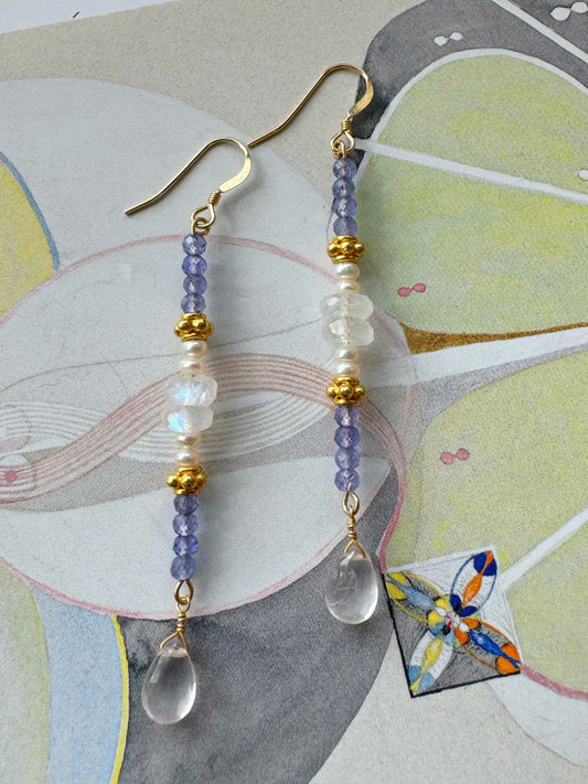 Quartz Tanzanite Moonstone Pearl Dangle Earrings - Moon Room Shop and Wellness