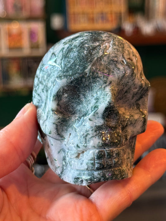Moss Agate Skull- 372 g - China - Moon Room Shop and Wellness