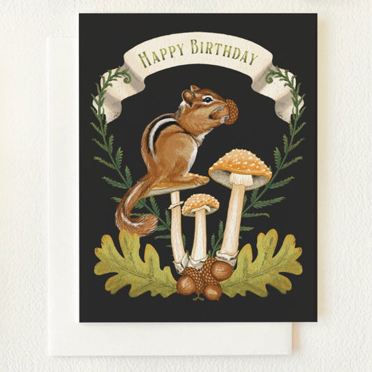 Chipmunk & Mushrooms Autumn Woodland Birthday Card by Folk Meadow - Moon Room Shop and Wellness