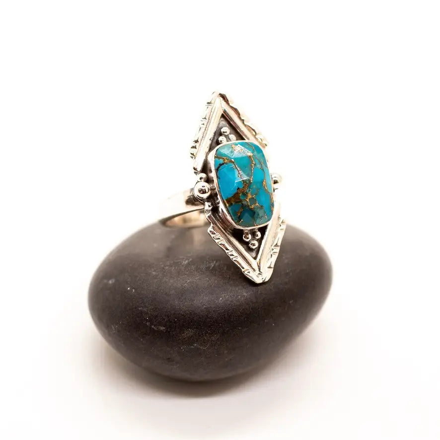 Copper Turquoise Decorated Point Sterling Silver Ring Sizes 8,10 - Moon Room Shop and Wellness