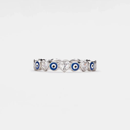 Turkish Evil Eye Heart Eternity Ring Size 8 in 925 Sterling Silver - Moon Room Shop and Wellness