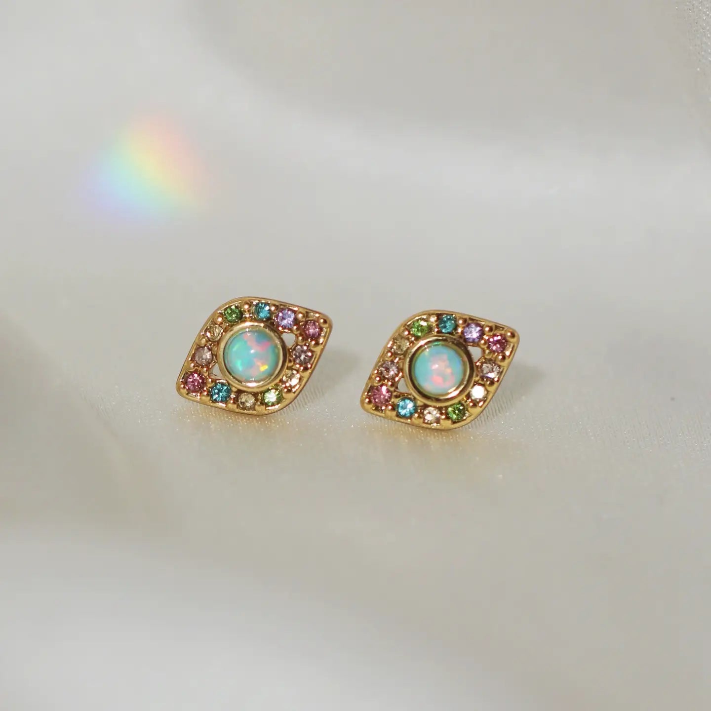 Evil Eye Stud Earrings, Opal & Pastel Pave-12 k Gold Plated Titanium