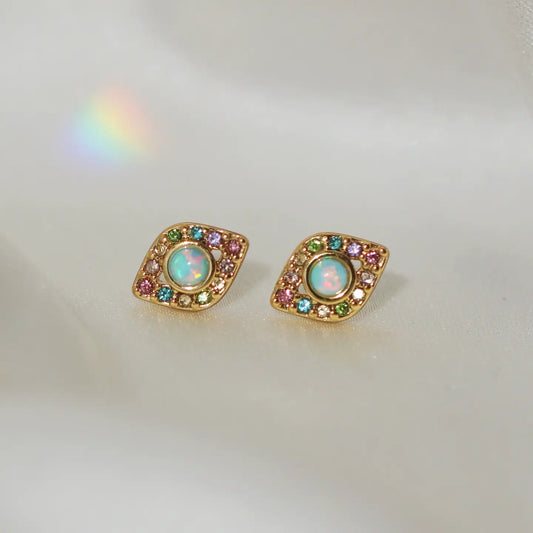 Evil Eye Stud Earrings, Opal & Pastel Pave-12 k Gold Plated Titanium