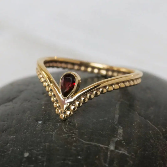 Spotted Chevron Ring with Garnet Stone in Brass Sizes 6,7,8 - Moon Room Shop and Wellness