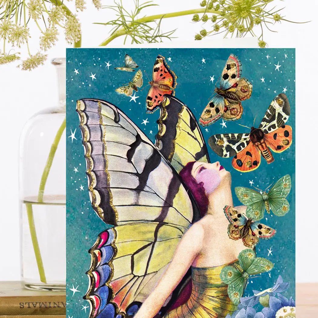 Hand Glittered Butterfly Lady Blank Greeting Card - Moon Room Shop and Wellness