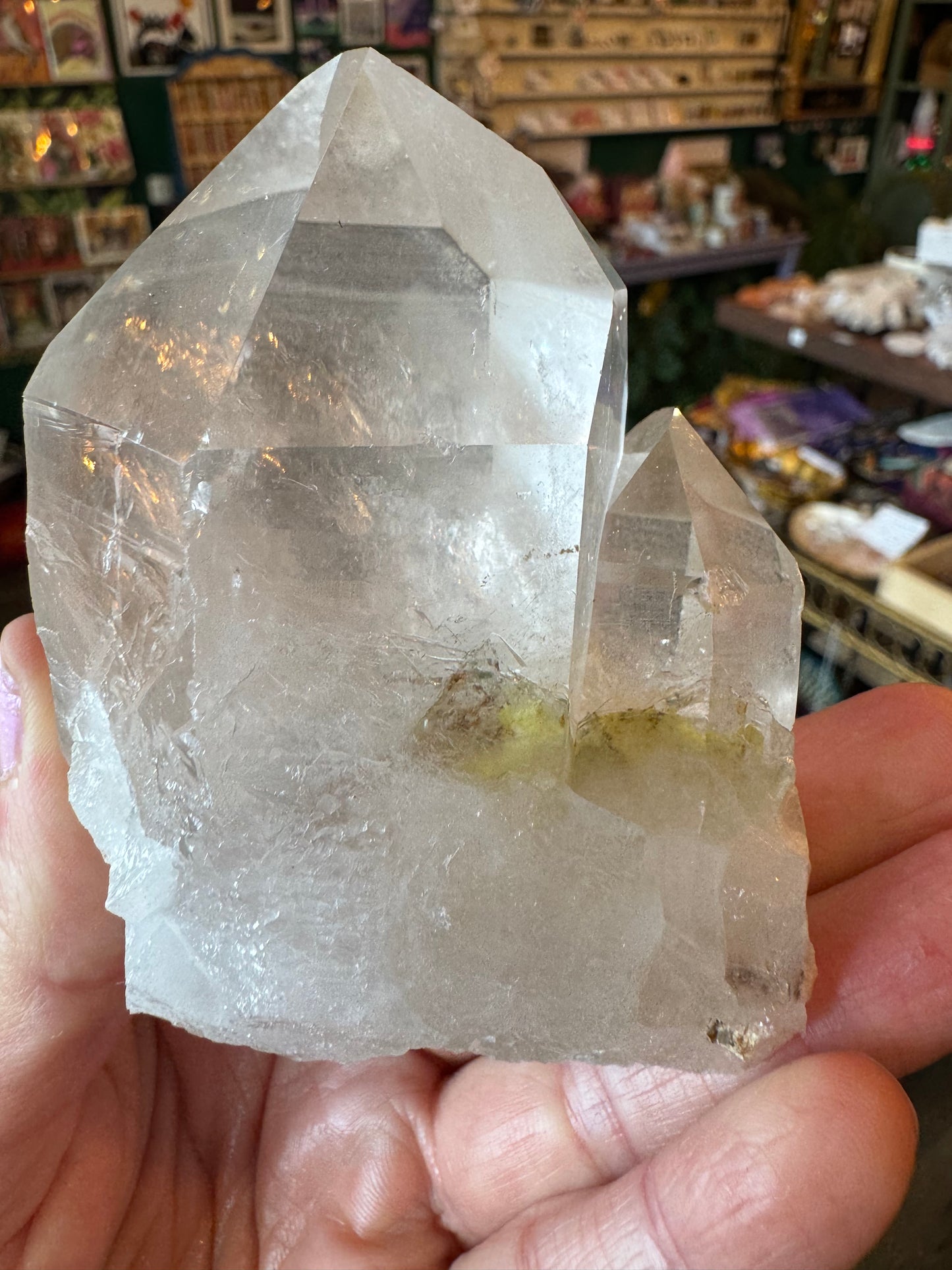 Clear Quartz Double Point (w sulfur + rainbows! ) 284 g Brazil Beauty! - Moon Room Shop and Wellness
