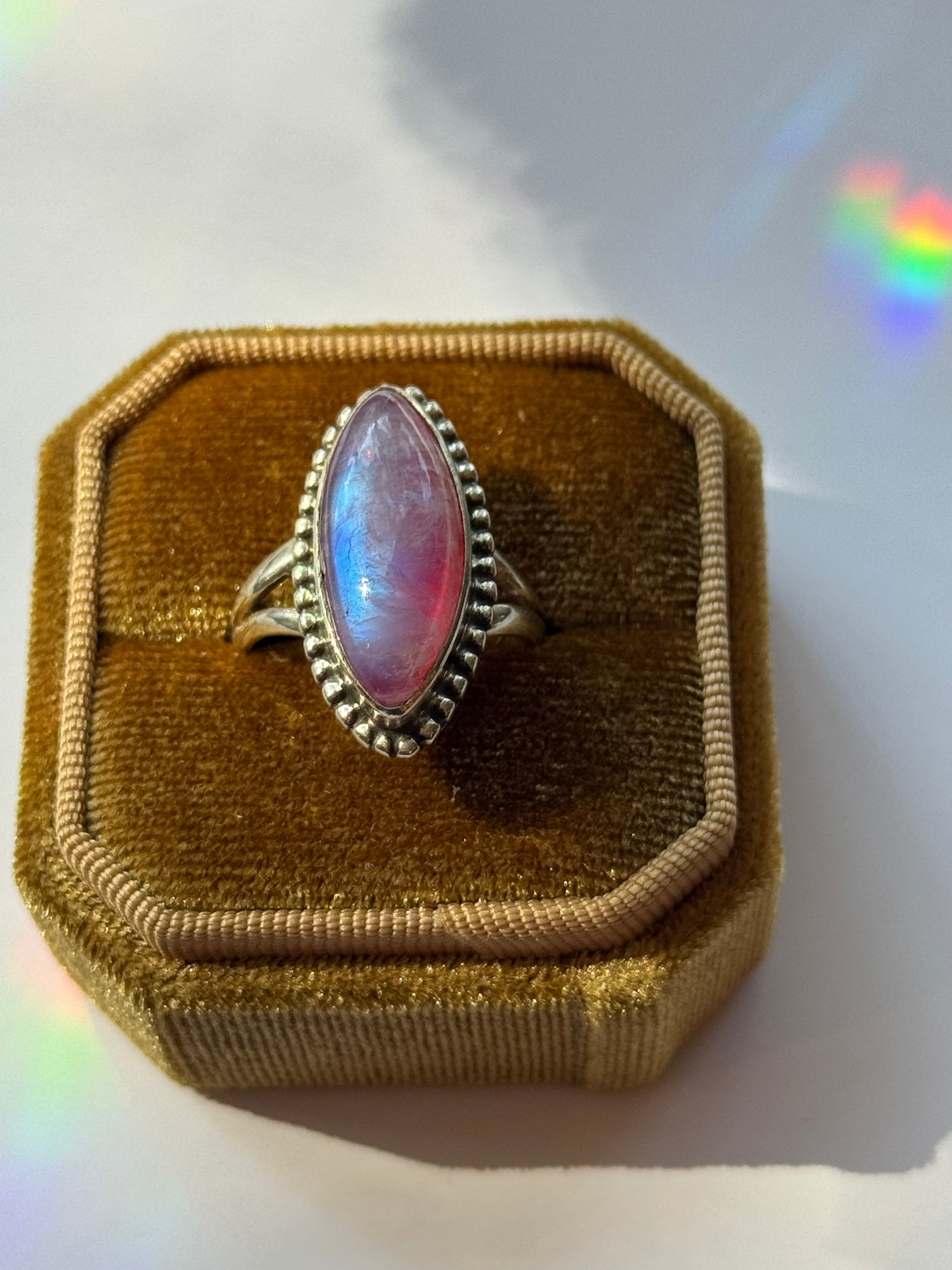 Pink Rainbow Moonstone 925 Sterling Silver Ring Size 8.25 - Moon Room Shop and Wellness