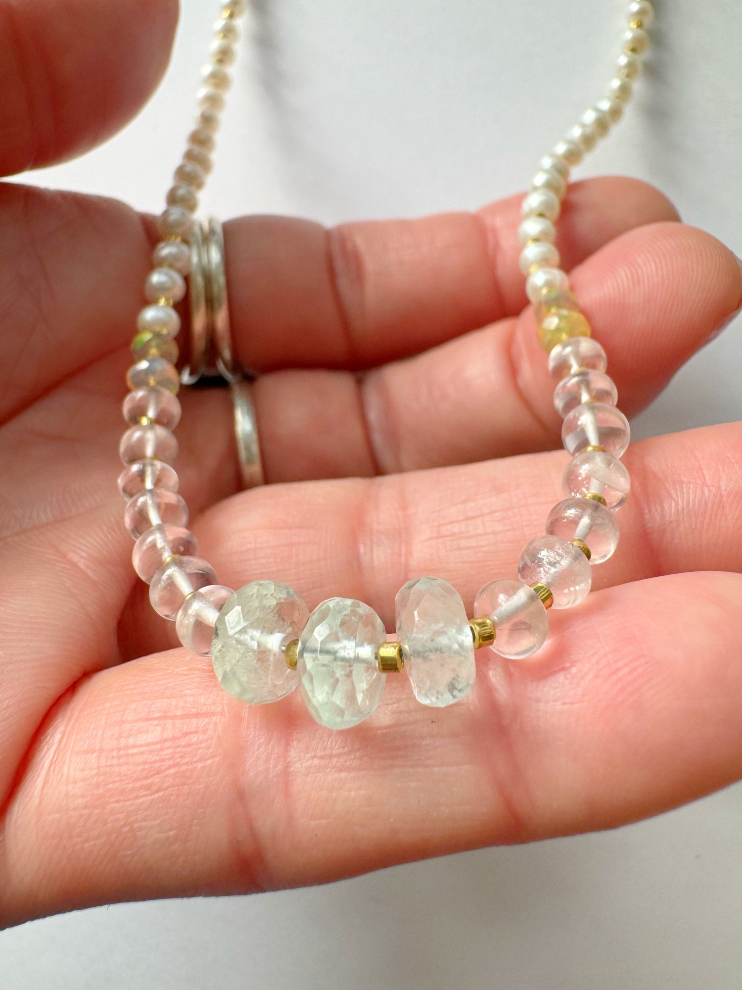 Aquamarine + Rose Quartz + Ethiopian Opal +Pearl Handmade Necklace - Moon Room Shop and Wellness