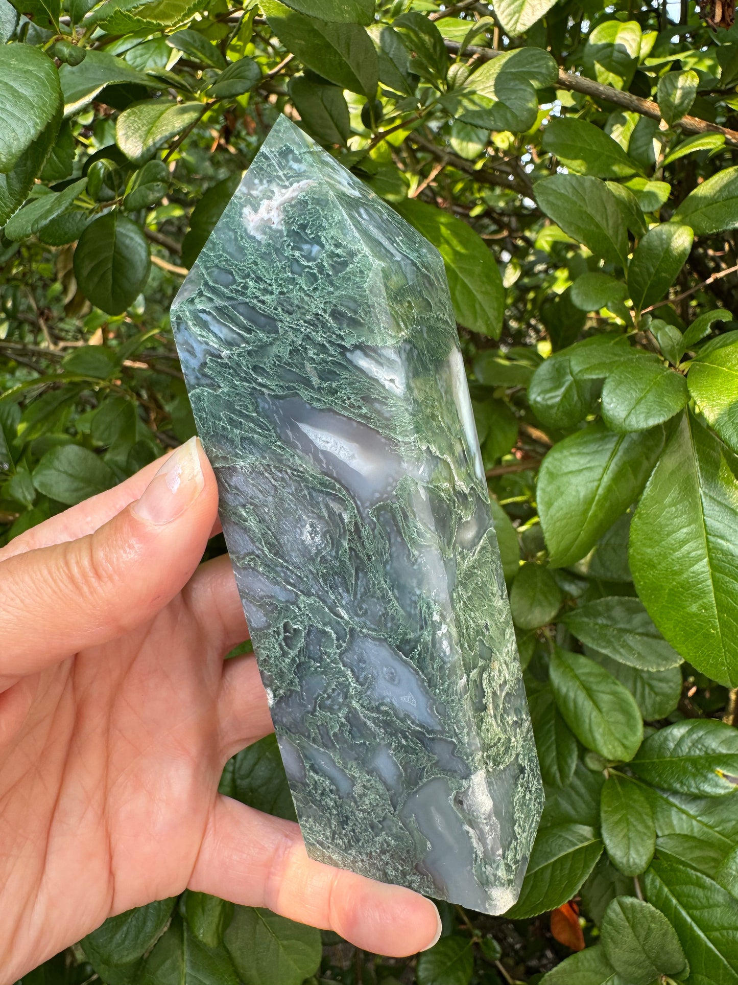 Moss Agate Tower 314 g - Moon Room Shop and Wellness
