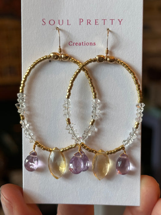 Soul Pretty Citrine + Amethyst + Herkimer Handmade Gold Fill Earrings - Moon Room Shop and Wellness